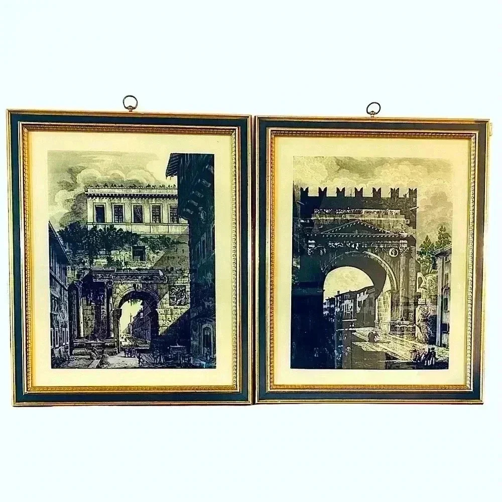 Vintage MCM Turner Hand Colored Italian Scene Glass in Frame 2 Set